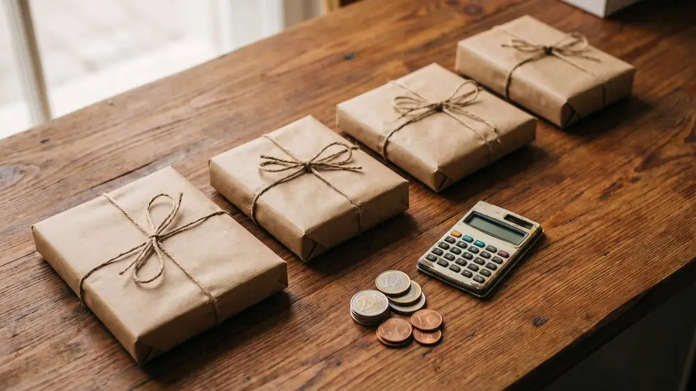 Quatre colis alignés sur un comptoir, à côté d’une calculatrice et de quelques pièces