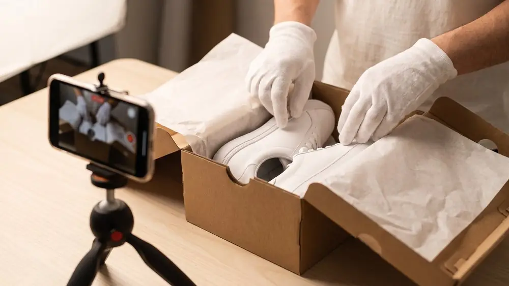 Une paire de chaussures emballée dans du papier de soie, filmée pendant le contrôle