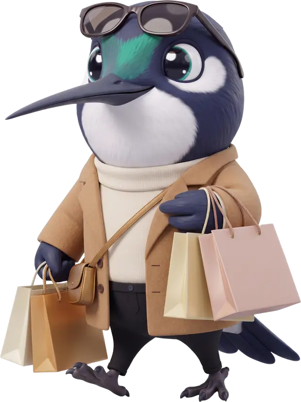 Koko, le colibri de Drop Kolib’, en manteau camel et lunettes relevées, les ailes chargées de sacs de boutique