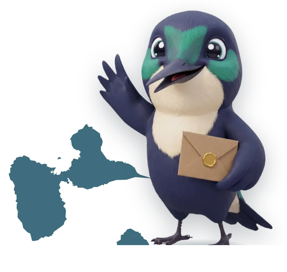Koko, le colibri de Drop Kolib’, salue de l’aile, debout à côté de l’archipel guadeloupéen