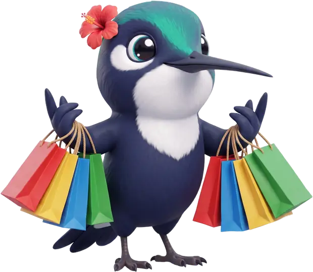 Koko, le colibri de Drop Kolib’, les ailes chargées de sacs de shopping
