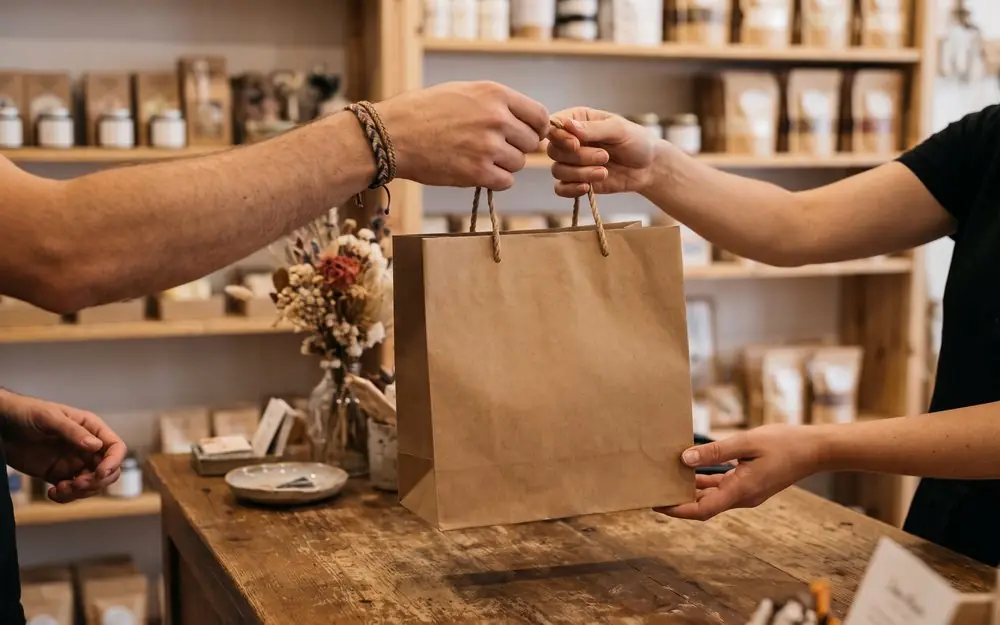 Un sac remis par-dessus le comptoir d’une boutique