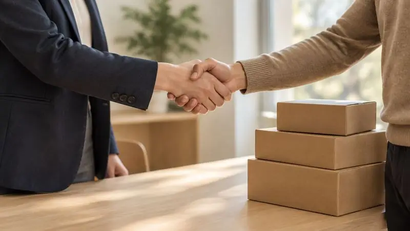 Une poignée de main au-dessus d’une table, des cartons à côté
