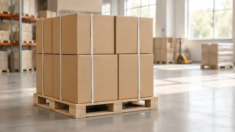 Des cartons sanglés sur une palette dans un entrepôt clair