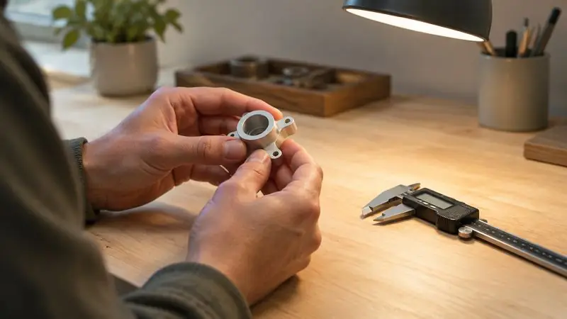 Un objet examiné sous une lampe de bureau, un pied à coulisse à côté