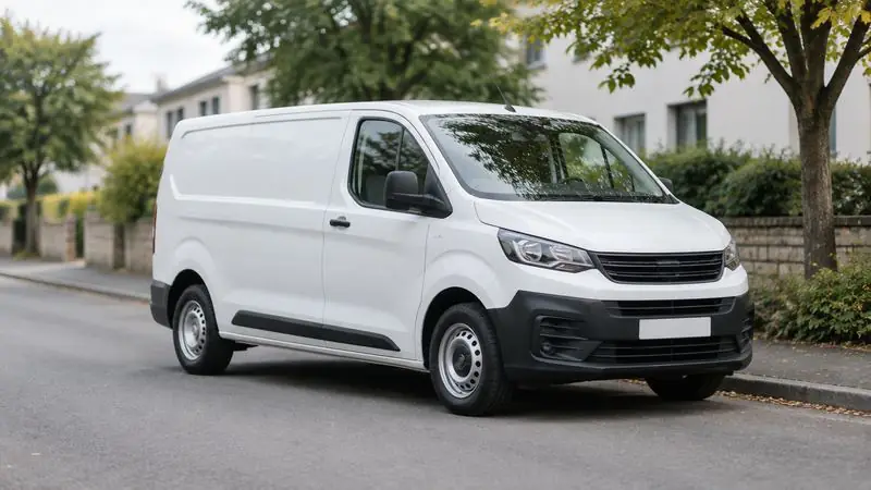 Un utilitaire blanc garé le long d’une route de banlieue arborée