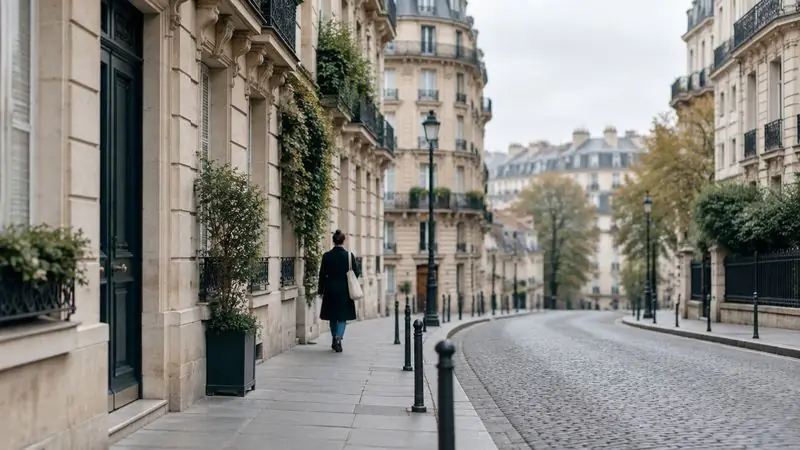 Une rue parisienne calme bordée d’immeubles en pierre claire