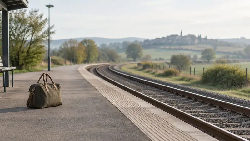 Un quai de gare régionale et des voies qui filent vers la campagne