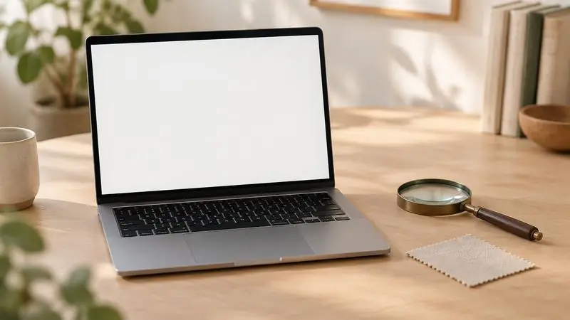 Un ordinateur portable ouvert et une loupe sur un bureau clair