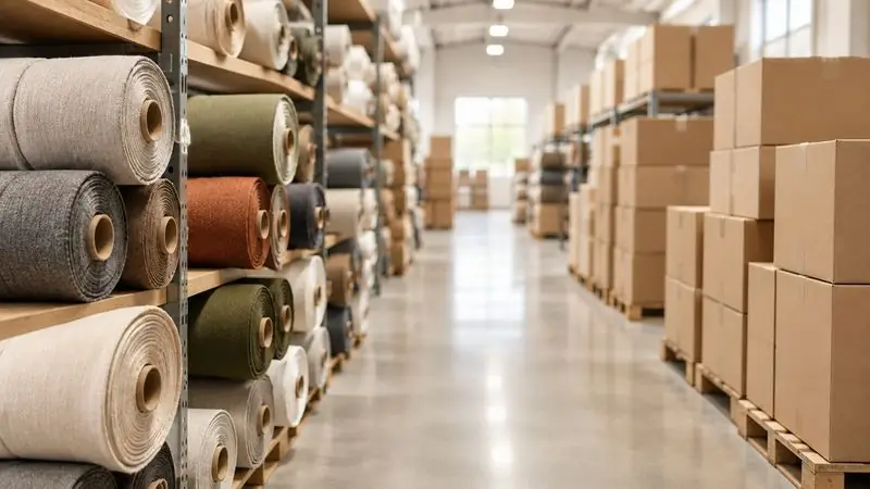 Une allée d’entrepôt bordée de rouleaux de tissu et de cartons