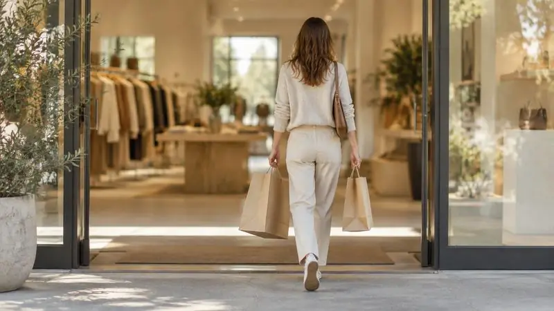 Quelqu’un sort d’une boutique lumineuse, deux sacs à la main