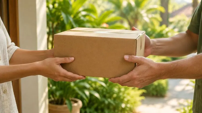 Un colis remis de main en main sur un pas de porte ensoleillé