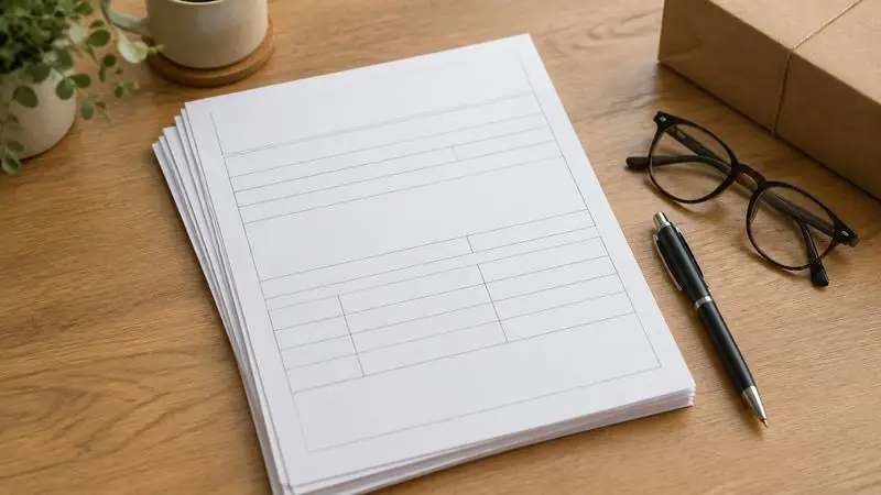 Des formulaires vierges, un stylo et des lunettes sur un bureau