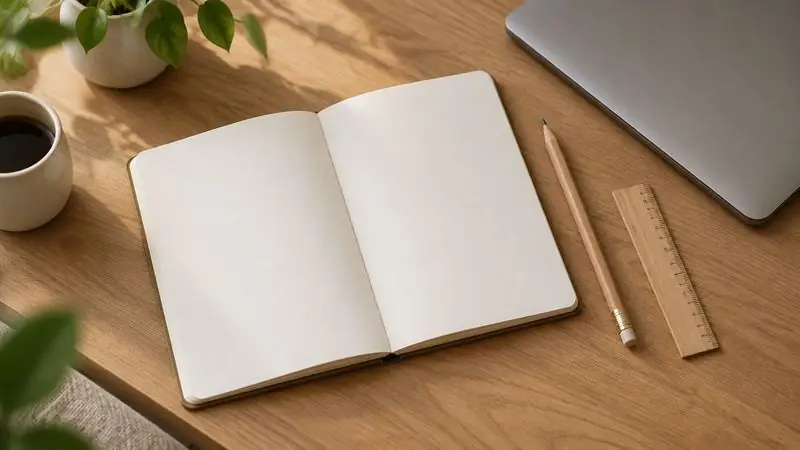 Un carnet ouvert sur des pages vierges, un crayon et une règle