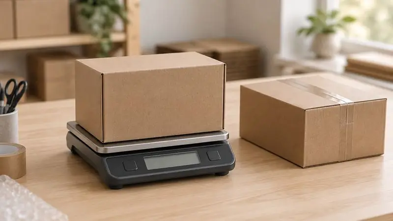 Un colis sur une balance, un second déjà scellé à côté