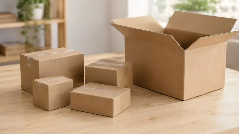 Quatre petits colis rassemblés à côté d’un carton plus grand
