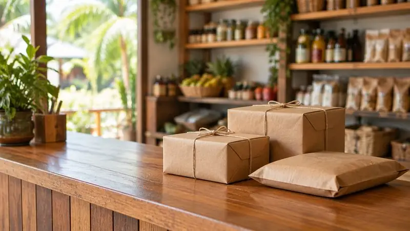 Le comptoir en bois d’un commerce, des colis en attente de retrait
