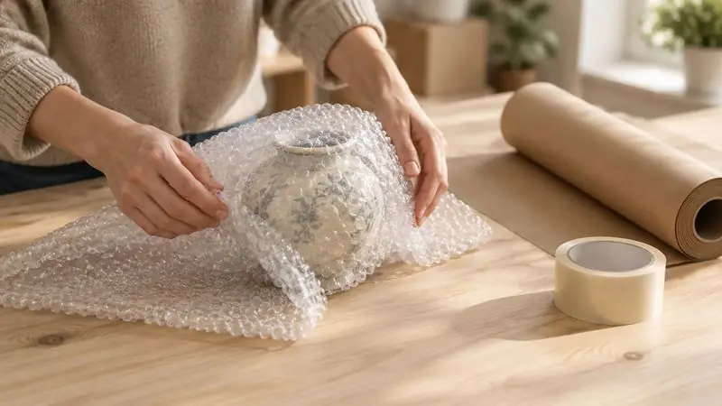Un objet fragile emballé à la main dans du papier bulle