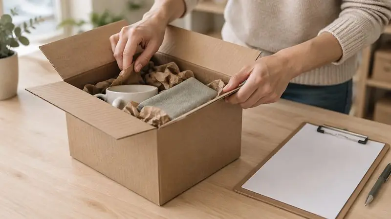 Un colis ouvert sur un plan de travail, contrôlé à la main
