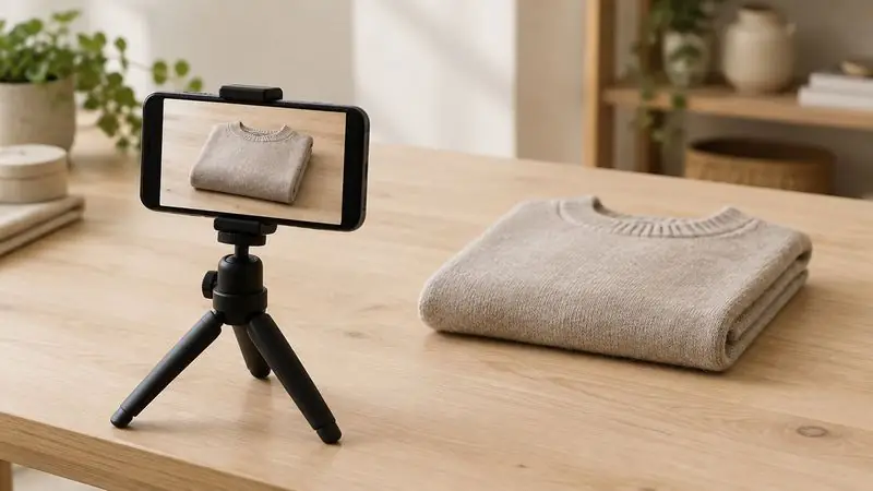 Un téléphone sur trépied filmant un vêtement plié