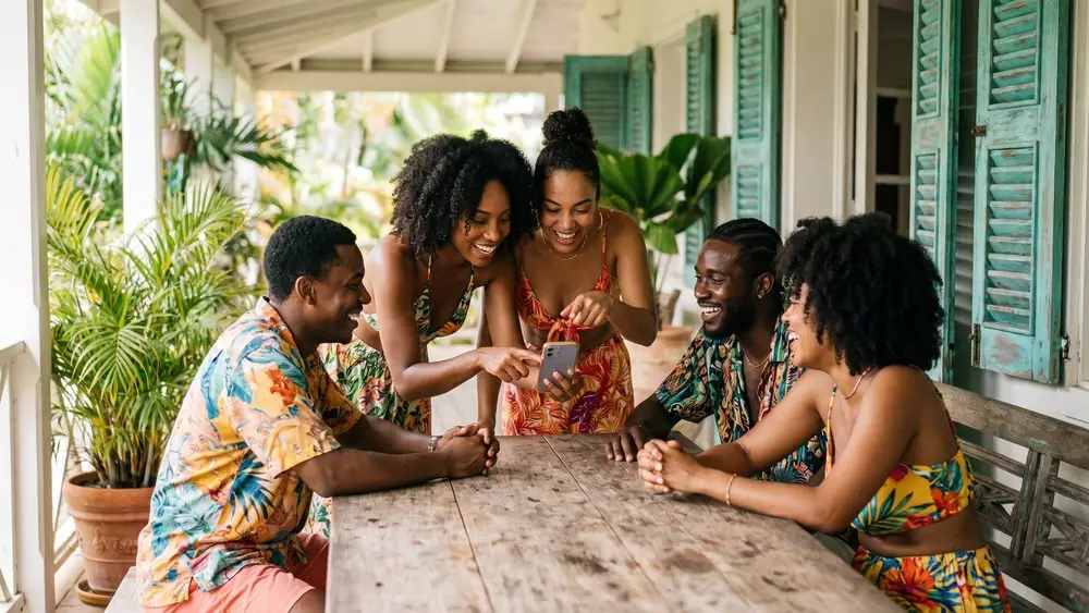 Cinq membres du Club Shoppers regardent ensemble le fil du groupe, sur une véranda en Guadeloupe