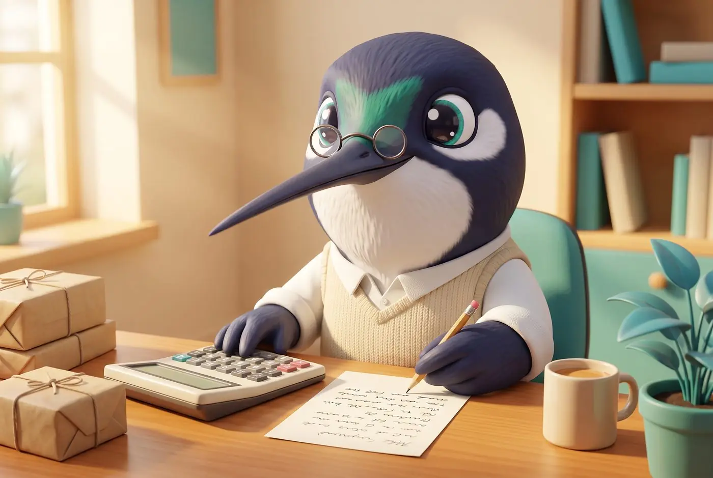 Koko, le colibri de Drop Kolib’, à son bureau, une aile sur la calculatrice et un crayon dans l’autre